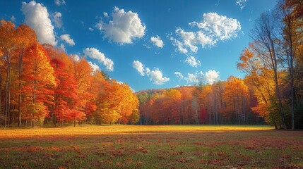 Obraz premium Tranquil Autumn Beauty: Colorful Foliage and Fluffy Clouds in a Picturesque Landscape