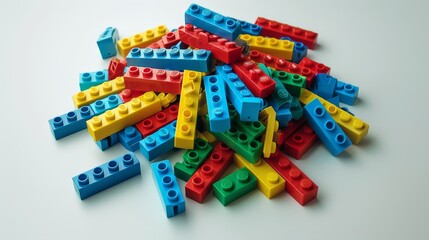 A bunch of colorful scattered construction blocks.