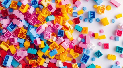 A bunch of colorful scattered construction blocks.
