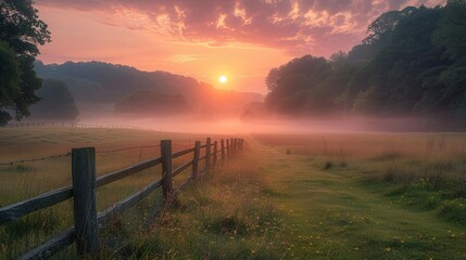 Naklejka premium Serene Sunrise: Tranquil Meadow with Morning Mist and Glowing Clouds - 16:9 Ratio