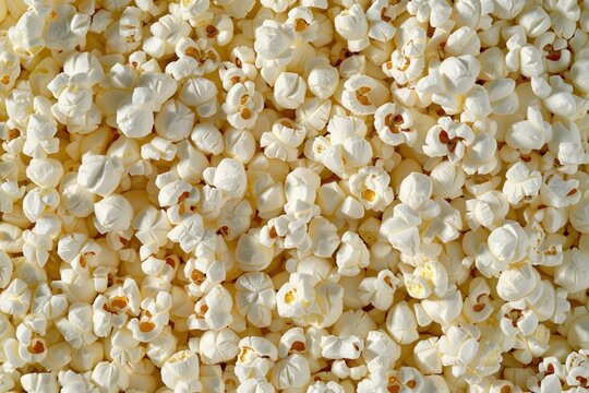Delicious full frame popcorn background texture for movie night snack. Closeup view of tasty yellow popped corn. Crunchy and salty appetizer. Ready to eat. Perfect for comfort and relaxation