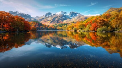 Serene lake with autumn foliage reflecting mountain range under clear blue sky. Showcasing nature's beauty in a calm and picturesque setting.