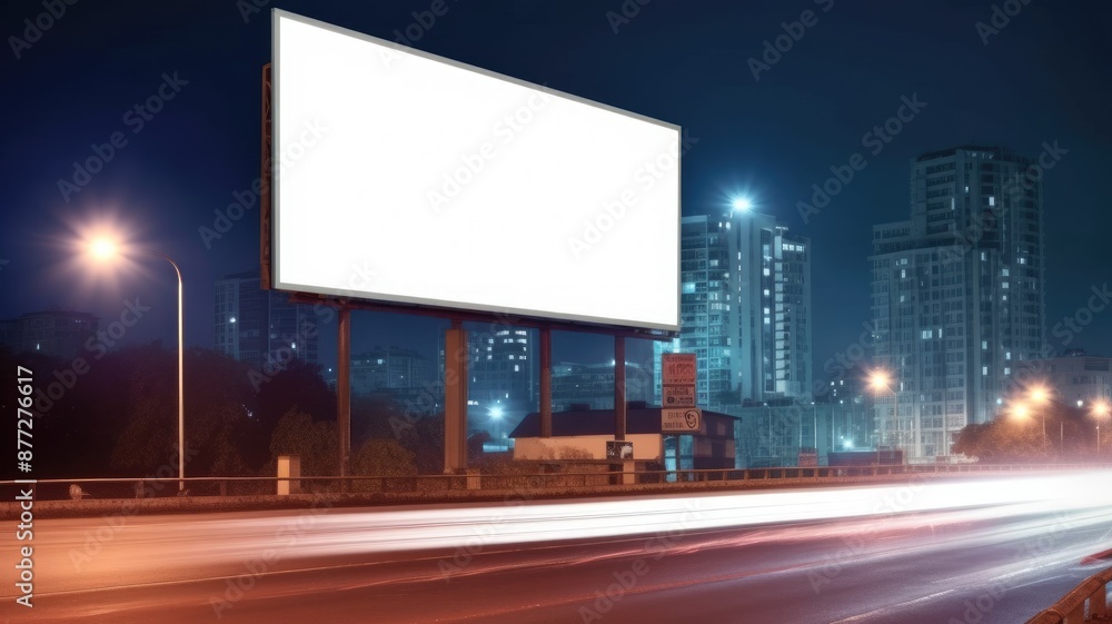 Poster a mockup of billboard with white color blank space setting in between building of city. a large big 