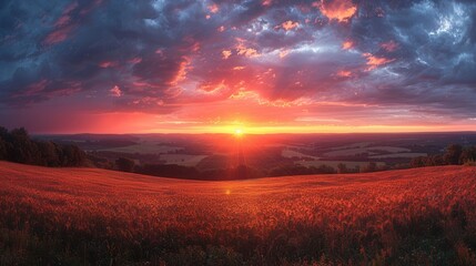 Fototapeta premium Majestic Sunset Scenery in Serene Countryside with Vibrant Sky - Tranquil Rural Landscape at Dusk