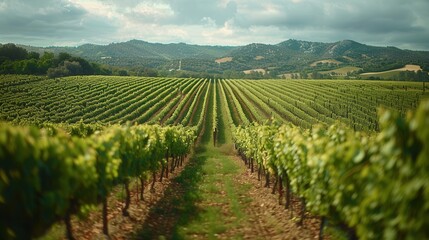 Serene Vineyard Landscape with Endless Grapevines and Cloudy Sky