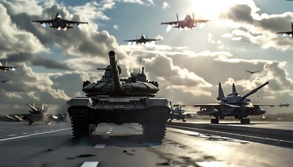 Military tank silhouettes and fighter jet fighting scene on foggy sky background,