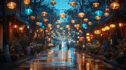 Vietnamese New Year holiday decorations on night chinese street in town. Shown below are neon lights lanterns and fireworks.