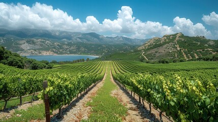 Naklejka premium Serene Vineyard Landscape with Endless Grapevines Reaching under a Beautiful Sky