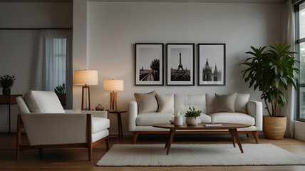 light white sofa and recliner chair in Scandinavian apartment. The interior design of modern living room. Created with generative