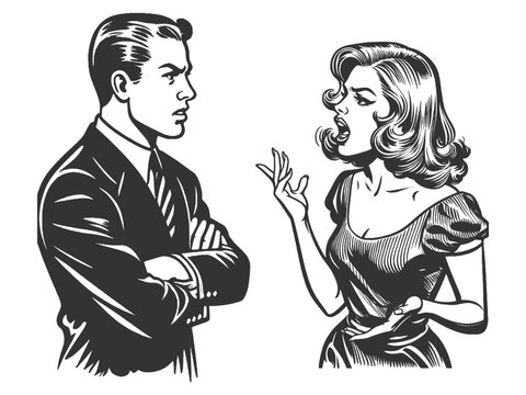 vintage couple in a heated argument quarrel, showcasing classic retro style and emotional tension sketch engraving generative ai vector illustration. Scratch board imitation. Black and white image.