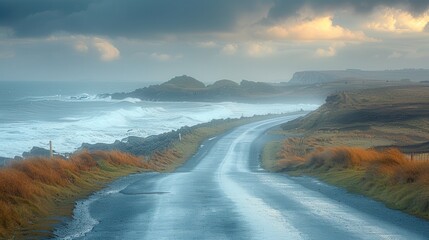 Fototapeta premium Majestic Coastal Drive: Stormy Seascape along Scenic Road