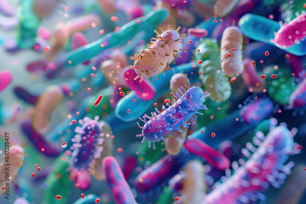 Poster vibrant array of bacteria is thriving, showcasing the complexity and diversity of microscopic life