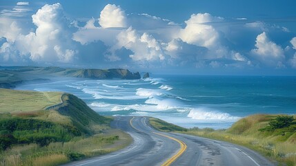 Moody Coastal Road with Crashing Waves and Stormy Sky