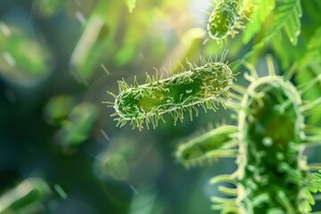Naklejka premium Rod shaped bacteria are multiplying rapidly in a blurry green environment