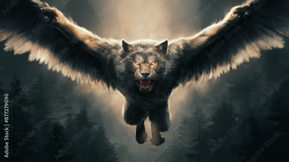 Poster a painting of a wolf with wings and glowing eyes, ai