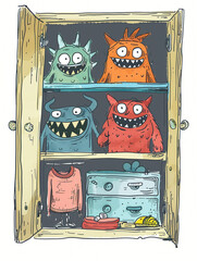 Cartoon style children's drawing showing monster in the closet. The monster looks cheerful and friendly. Not scary.
