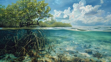Mangroves in brackish water on the coast creating shoreline stabilization and a home for a rich biodiversity