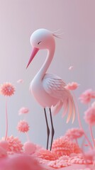 Obraz premium Cute Stork Figurine in Pink Floral Field Adorable stork figurine standing in a field of pink flowers, creating a charming and whimsical scene with a soft aesthetic
