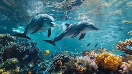 Obraz premium paradise, background with dolphins, travel, vacation.Generative AI