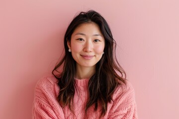 Portrait of a cheerful asian woman in her 20s wearing a cozy sweater over solid pastel color wall