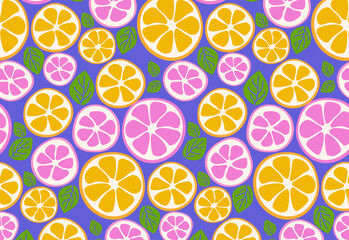 Citrus seamless pattern. Trendy flat distorted summer fruits grapefruit, lemon, orange in pink and blue print for kitchen fabric, cute stationery, posters and backgrounds. Trendy Retro 60s style