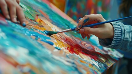Naklejka premium Art therapy, People who express themselves during an art therapy workshop using paints, brushes, canvases.