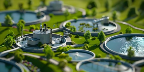 3D model of ecofriendly water treatment plant for public utility advertisement. Concept 3D Modeling, Ecofriendly Infrastructure, Water Treatment Plant, Public Utility, Advertisement