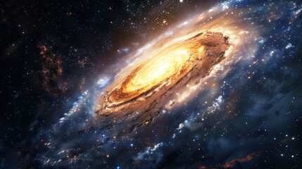 a spiral galaxy in space, the Andromeda Galaxy is centered and large, with stars and nebulae glowing around it