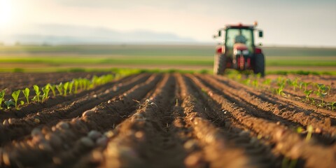 Farmer Tractor Planting Potatoes Fertile