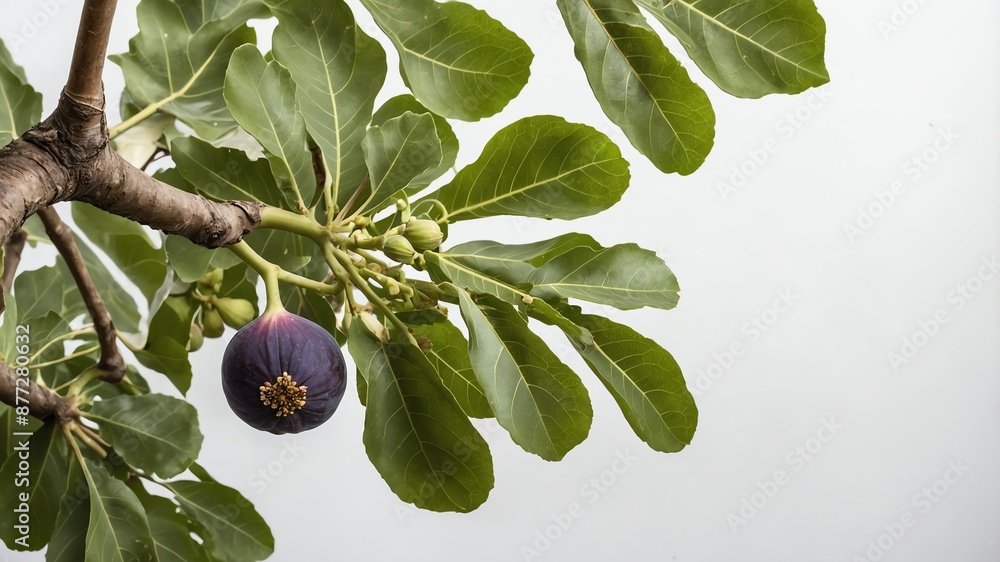 Poster branch of fig tree on plain white background for banner background copy space