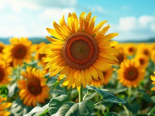 Beautiful sunflower in the field on a sunny day, summer background. Close up of bright yellow sunflowers, nature landscape with a blue sky and clouds