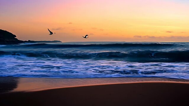 Vibrant sunset over tranquil beachscape
