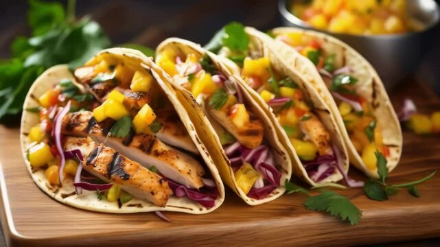A pair of tacos placed on a wooden cutting board, ready to be served or devoured