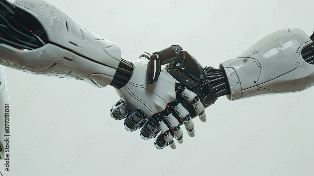 Poster rendering of human and robot shaking hands, symbolizing tech collaboration