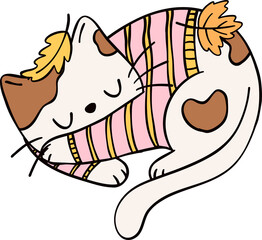 Groovy retro autumn cat sleeping hippie cartoon doodle playful and vibrant fall season illustration.