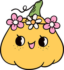 Groovy retro autumn pumpkin hippie cartoon doodle playful and vibrant fall season illustration.