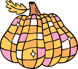 Groovy retro autumn pumpkin hippie cartoon doodle playful and vibrant fall season illustration.