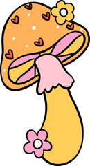 Groovy retro autumn mushroom hippie cartoon doodle playful and vibrant fall season illustration.