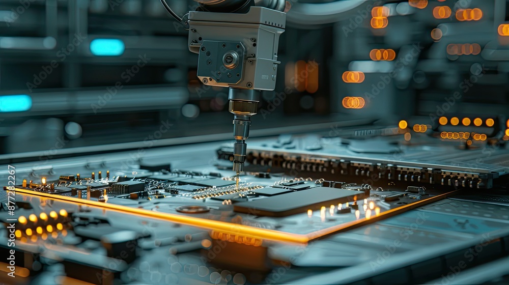 Poster advanced high precision robot arm in an electronics factory, working on circuit boards