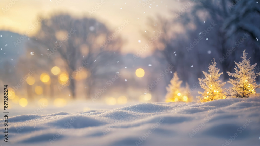 Poster Snowy winter landscape with glowing trees