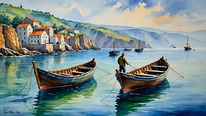 Obraz premium Watercolor painting of a seascape with a small fishing village on a hill.