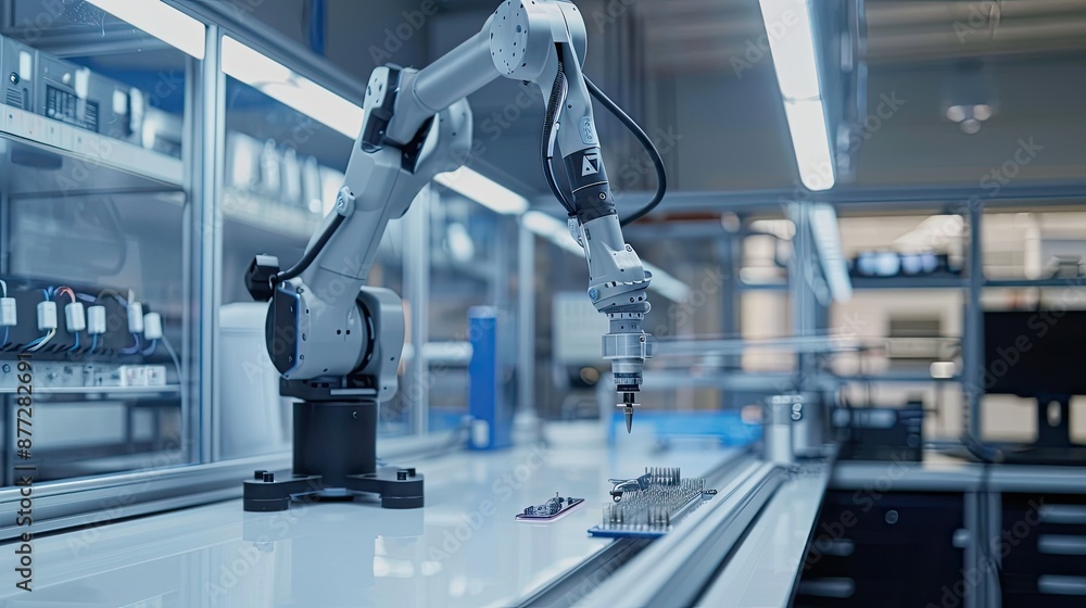Poster advanced robot arm performing detailed assembly work in an electronics factory