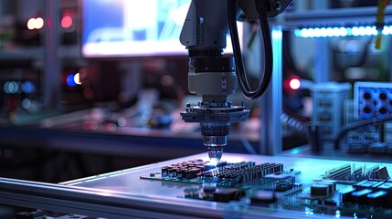 Advanced robot arm executing precise assembly in an electronics factory