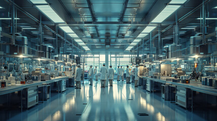 Fototapeta premium a pharmaceutical quality control laboratory, overhead lighting, scientists in lab coats,generative ai