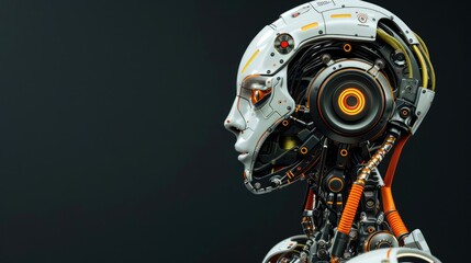 Fototapeta premium Advanced robot model on black background, representing high-tech industry