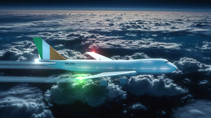 Commercial Airliner Passanger Plane Jumbo Jet Flying at Night over Clouds with Country Flag Ireland