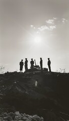Silhouettes of Soldiers in Combat Against a Foggy War Sky at Sunset, World War Battle Scene Below a Cloudy Skyline