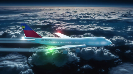 Fototapeta premium Commercial Airliner Passanger Plane Jumbo Jet Flying at Night over Clouds with Country Flag Liechtenstein