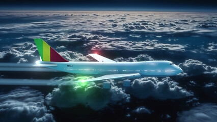 Fototapeta premium Commercial Airliner Passanger Plane Jumbo Jet Flying at Night over Clouds with Country Flag Mali
