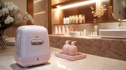 A beauty technician using smart devices for a facial treatment, high-end beauty clinic, clean and elegant decor, neutral color scheme, showcasing advanced technology.